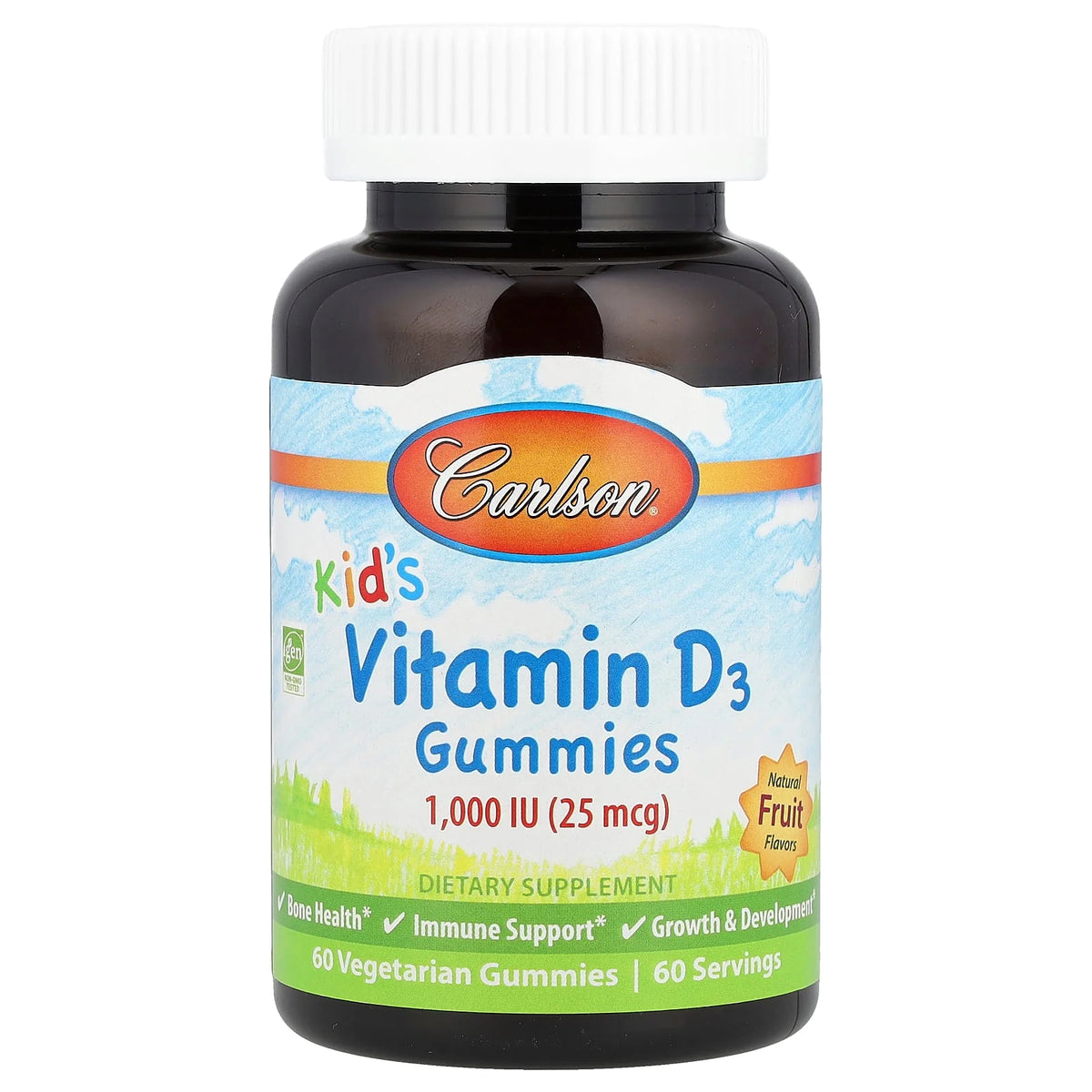 Carlson, Kid's, Vitamin D3 Gummies, Natural Fruit, 25 mcg (1,000 IU), 60 Vegetarian Gummies