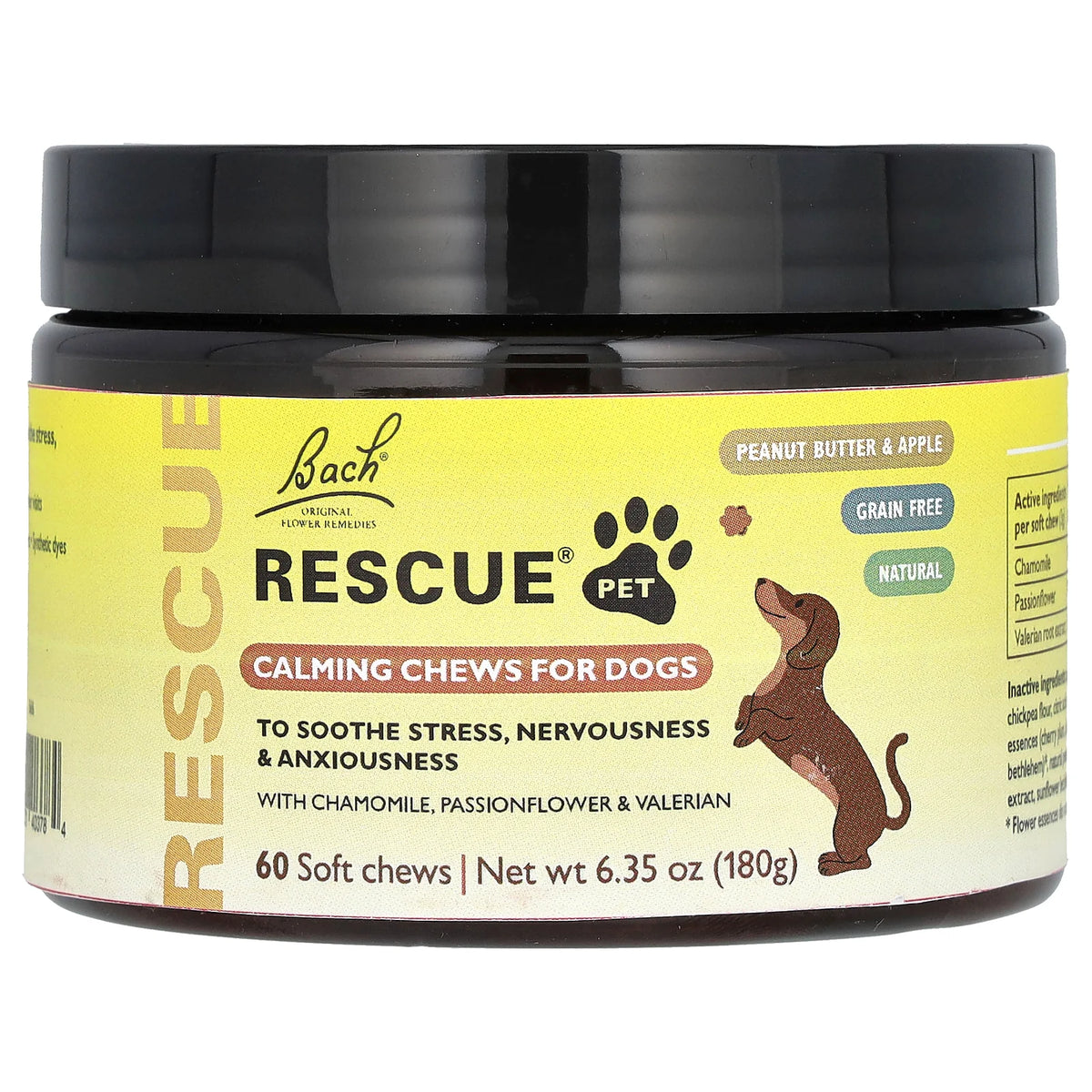 Bach, Rescue Pet, Calming Chews, For Dogs, Peanut Butter & Apple, 60 Soft Chews, 6.35 oz (180 g)